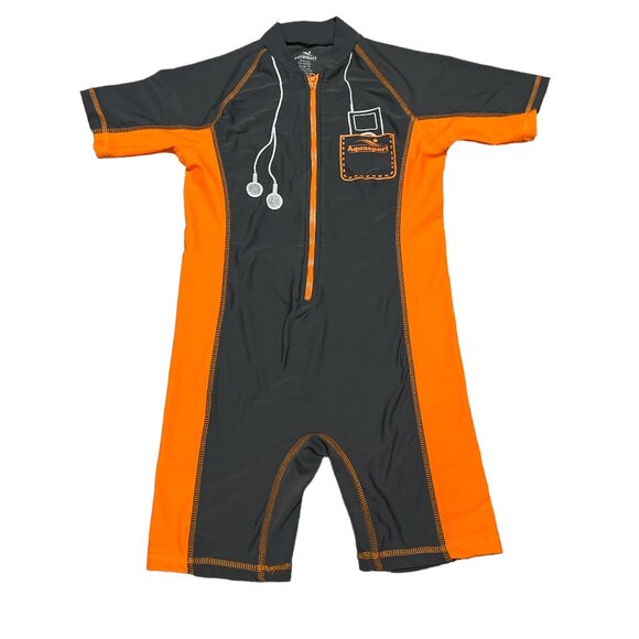 AQUASPORT One Piece Child's Swim Suit Size 10 Grey Orange Sun Protection - Picture 4 of 13
